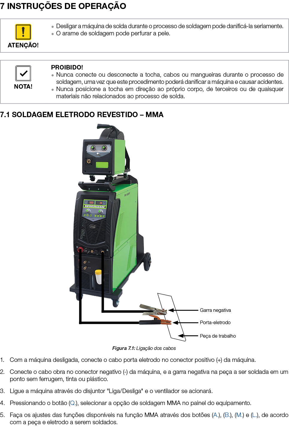 7 INSTRU ES DE OPERA  O 7.1 SOLDAGEM ELETRODO REVESTIDO – MMA ￼ Figura 7.1: Liga  o dos cabos 1. Com a m quina desli...