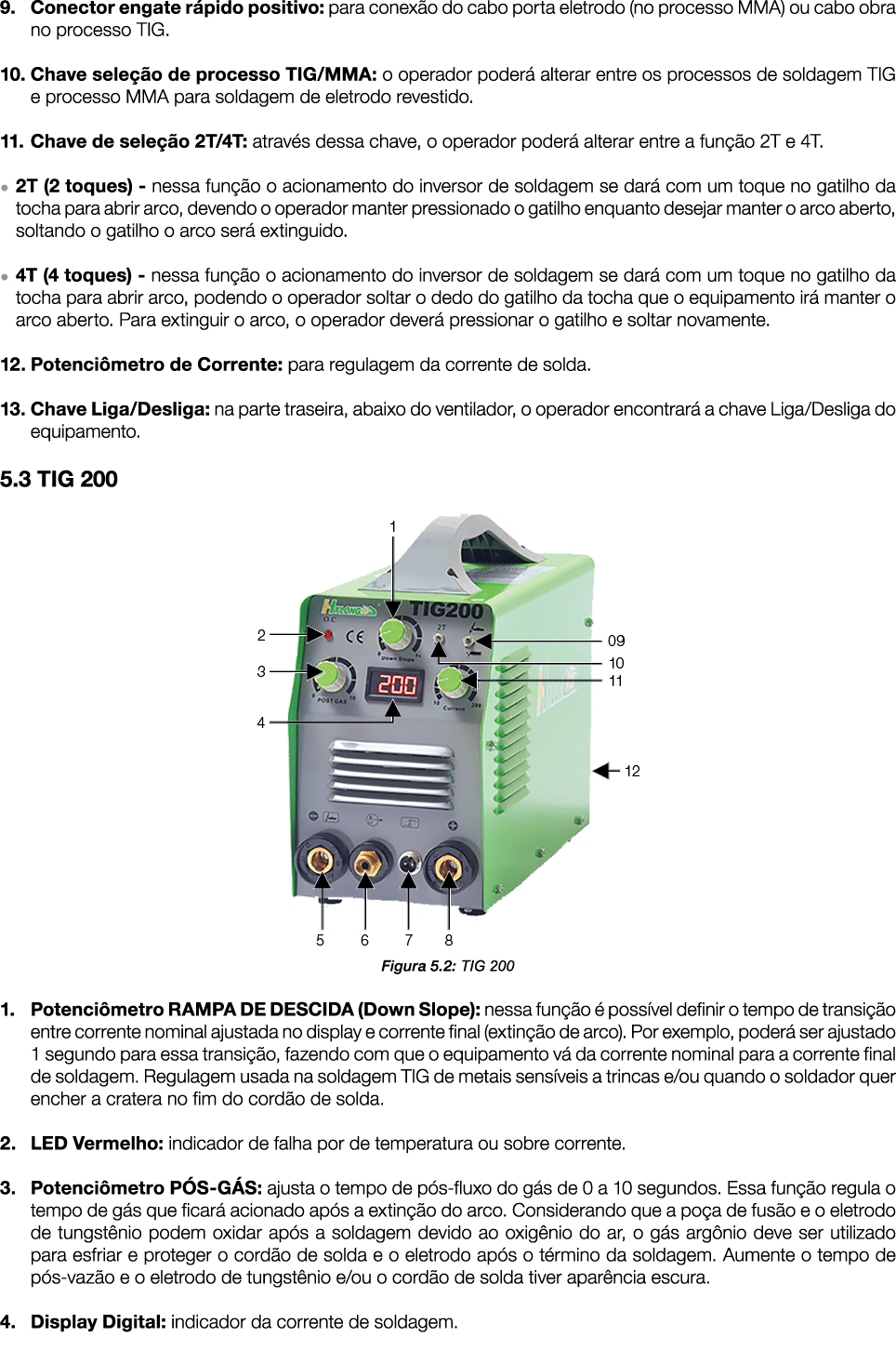 9  Conector engate rápido positivo: para conexão do cabo porta eletrodo (no processo MMA) ou cabo obra no processo TI   