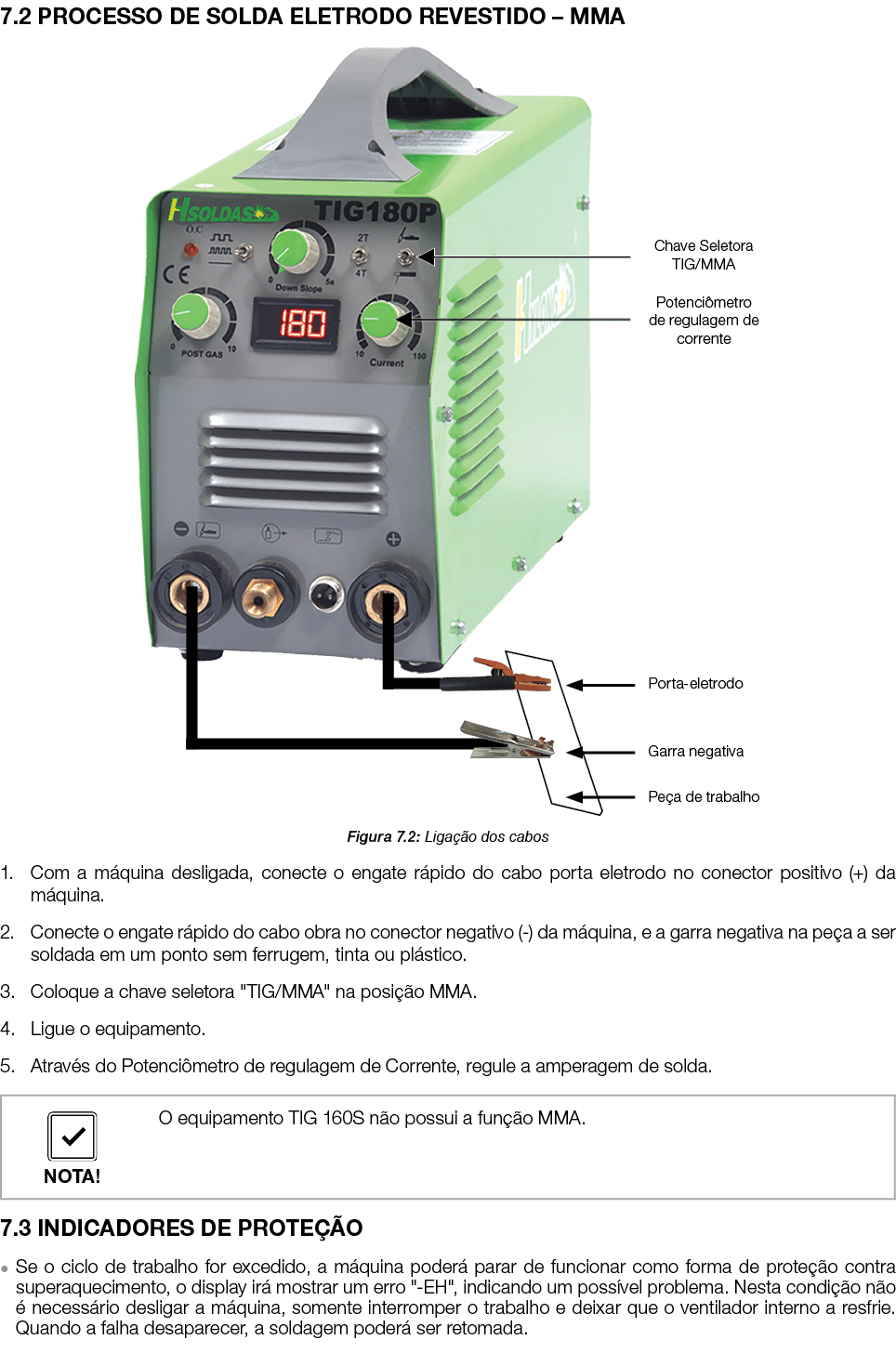 7 2 PROCESSO DE SOLDA ELETRODO REVESTIDO   MMA  Figura 7 2: Ligação dos cabos 1  Com a máquina desligada, conecte o e   
