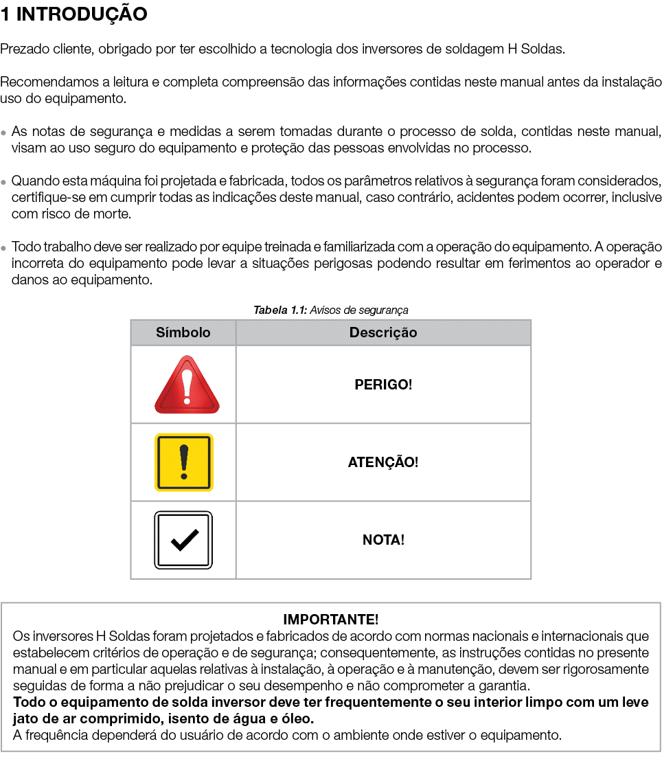1 INTRODUÇÃO Prezado cliente, obrigado por ter escolhido a tecnologia dos inversores de soldagem H Soldas  Recomendam   