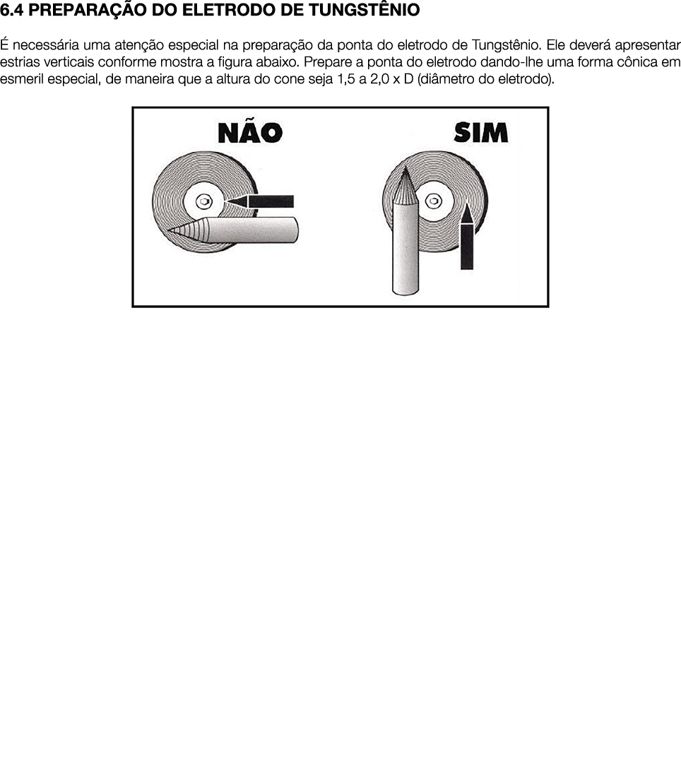 6 4 PREPARAÇÃO DO ELETRODO DE TUNGSTÊNIO É necessária uma atenção especial na preparação da ponta do eletrodo de Tung   