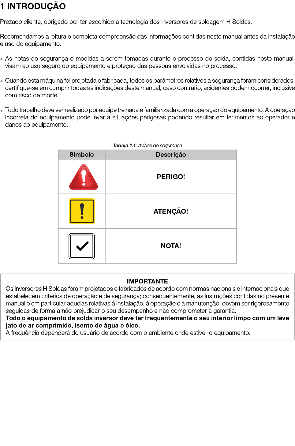 1 INTRODU O Prezado cliente, obrigado por ter escolhido a tecnologia dos inversores de soldagem H Soldas. Recomendam...