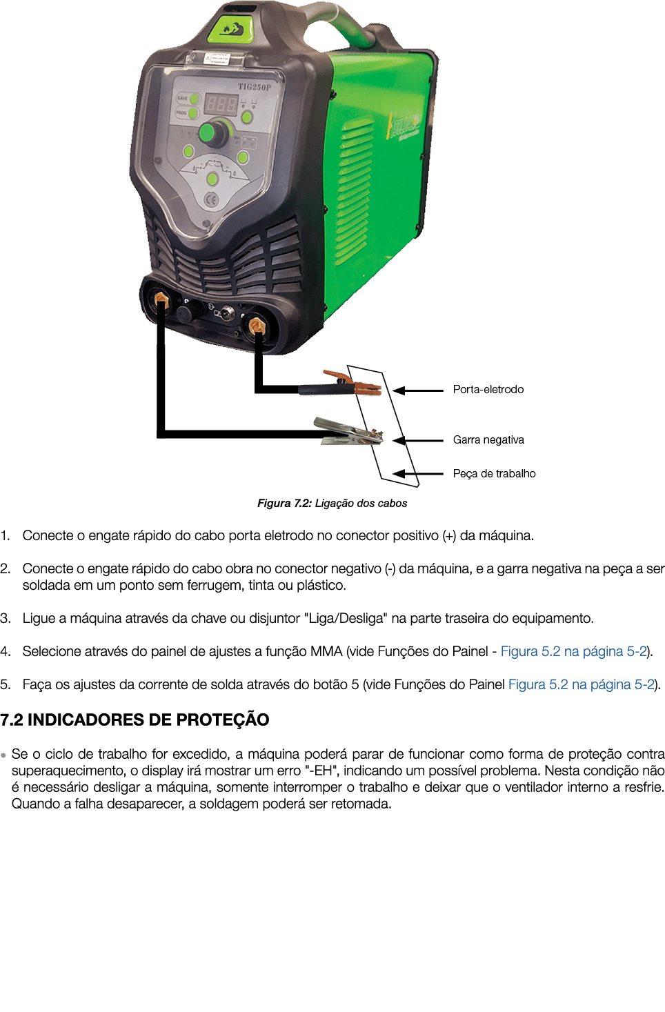 ￼ Figura 7.2: Liga o dos cabos 1. Conecte o engate r pido do cabo porta eletrodo no conector positivo (+) da m quina...