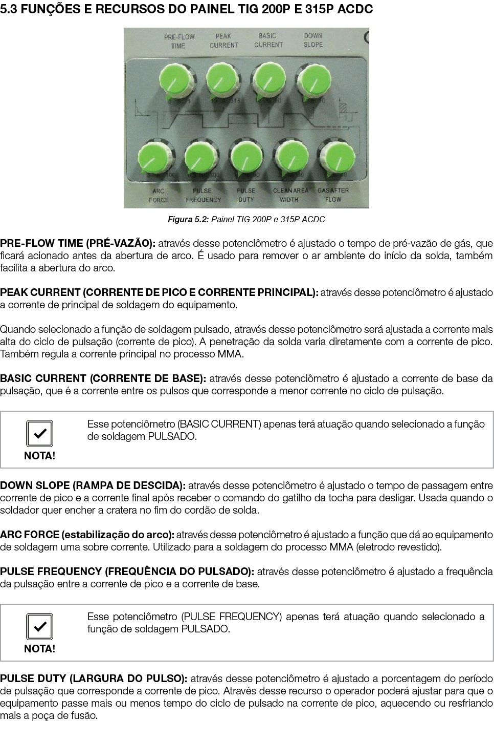 5.3 FUN ES E RECURSOS DO PAINEL TIG 200P E 315P ACDC ￼ Figura 5.2: Painel TIG 200P e 315P ACDC PRE FLOW TIME (PR  VA...