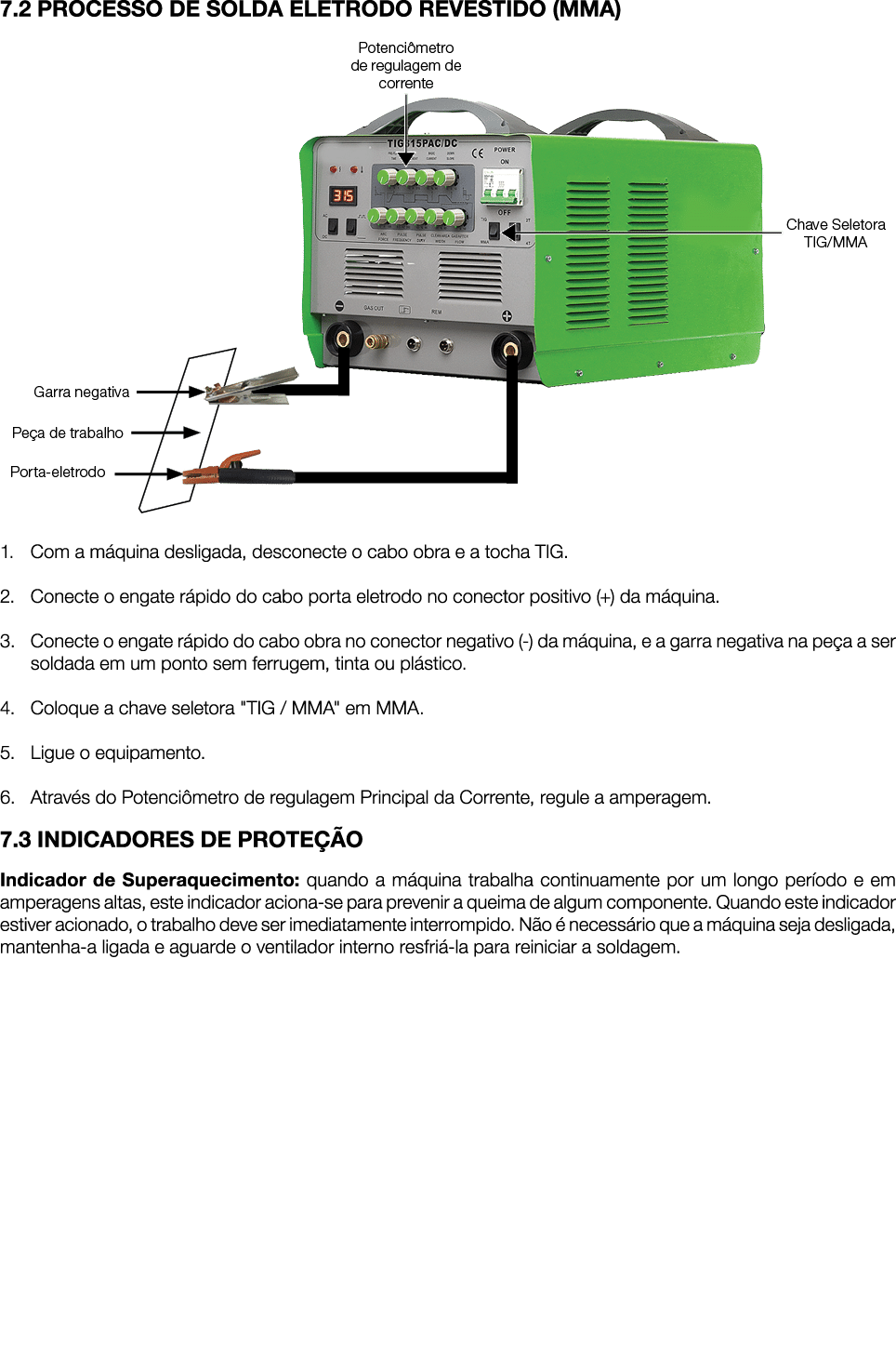 7.2 PROCESSO DE SOLDA ELETRODO REVESTIDO (MMA) ￼ 1. Com a m quina desligada, desconecte o cabo obra e a tocha TIG. 2....