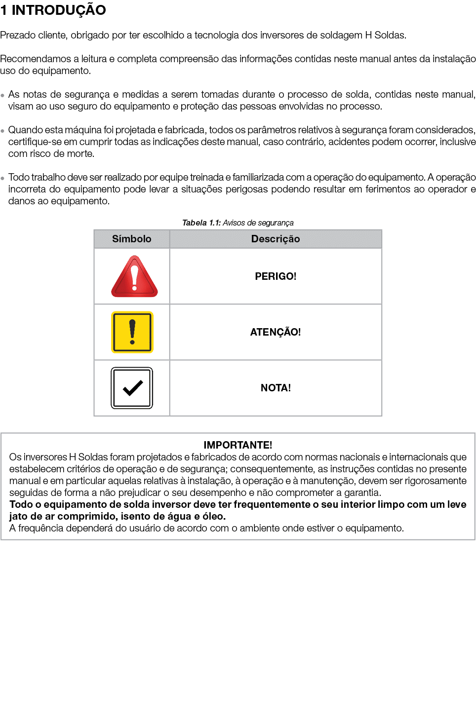 1 INTRODU O Prezado cliente, obrigado por ter escolhido a tecnologia dos inversores de soldagem H Soldas. Recomendam...