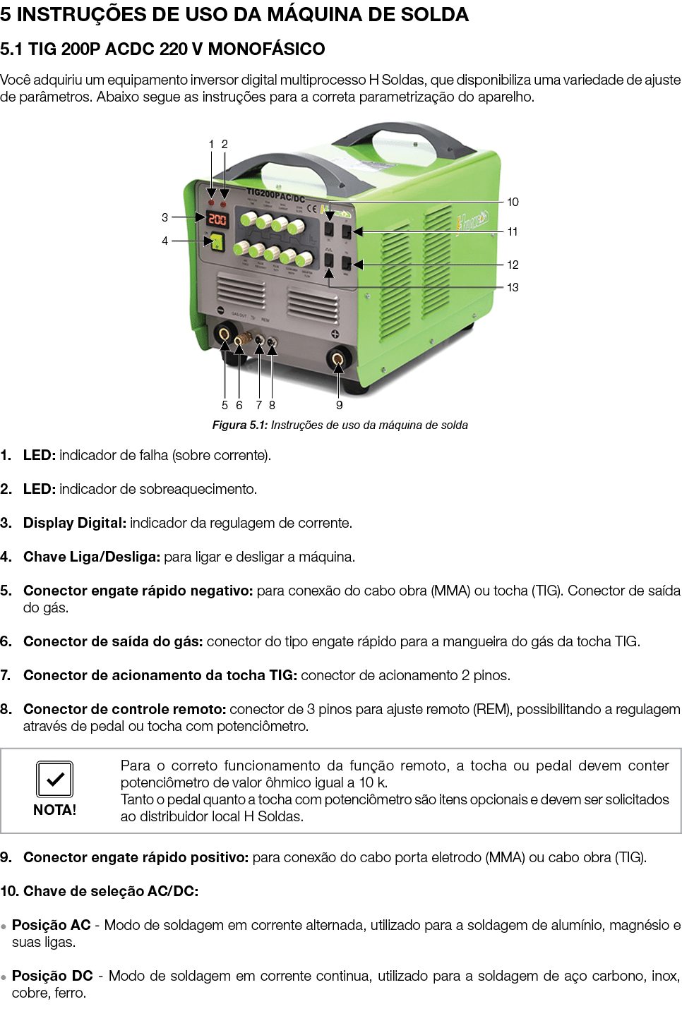 5 INSTRU ES DE USO DA M QUINA DE SOLDA 5.1 TIG 200P ACDC 220 V MONOF SICO Voc  adquiriu um equipamento inversor digi...