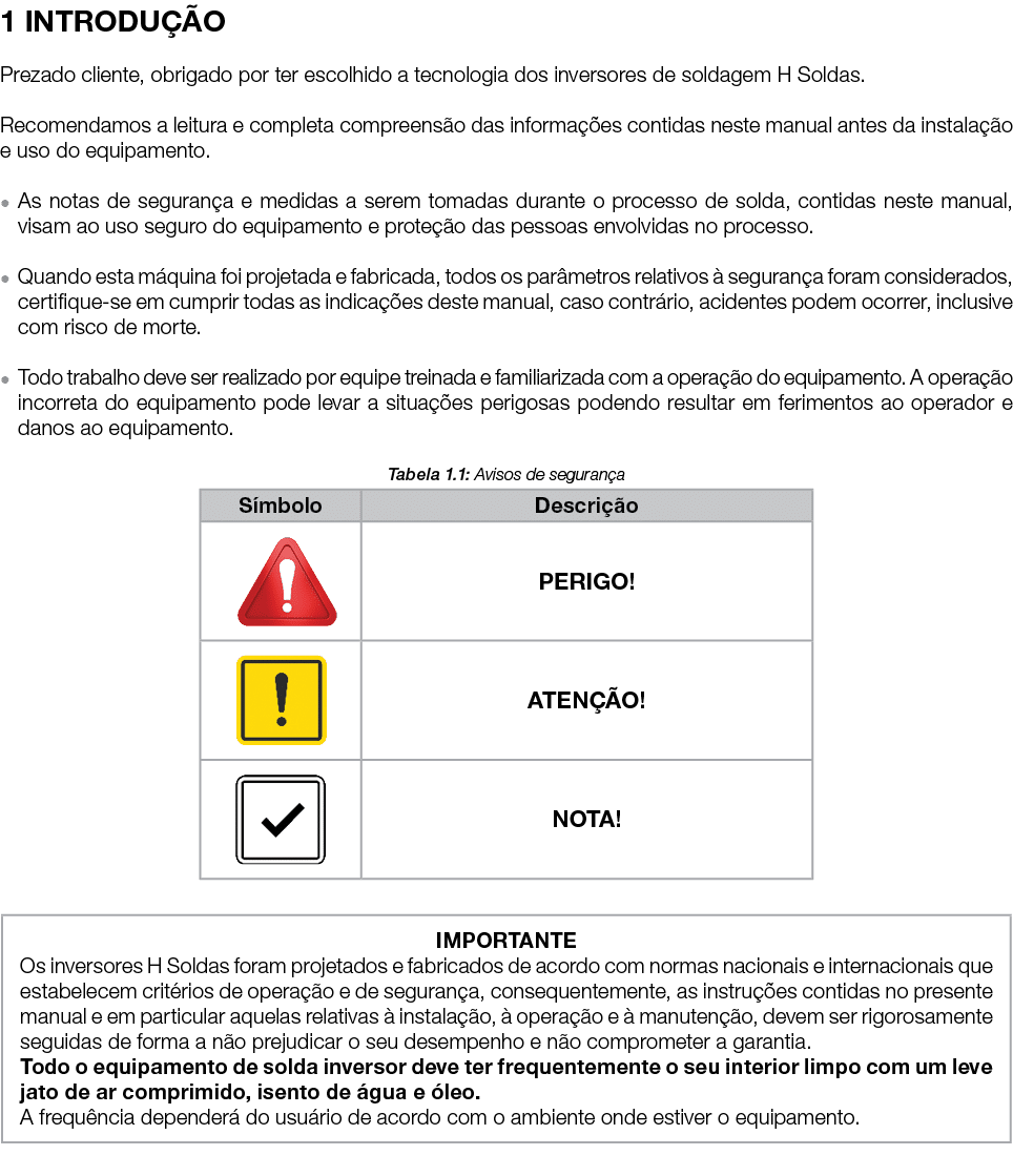 1 INTRODU O Prezado cliente, obrigado por ter escolhido a tecnologia dos inversores de soldagem H Soldas. Recomendam...