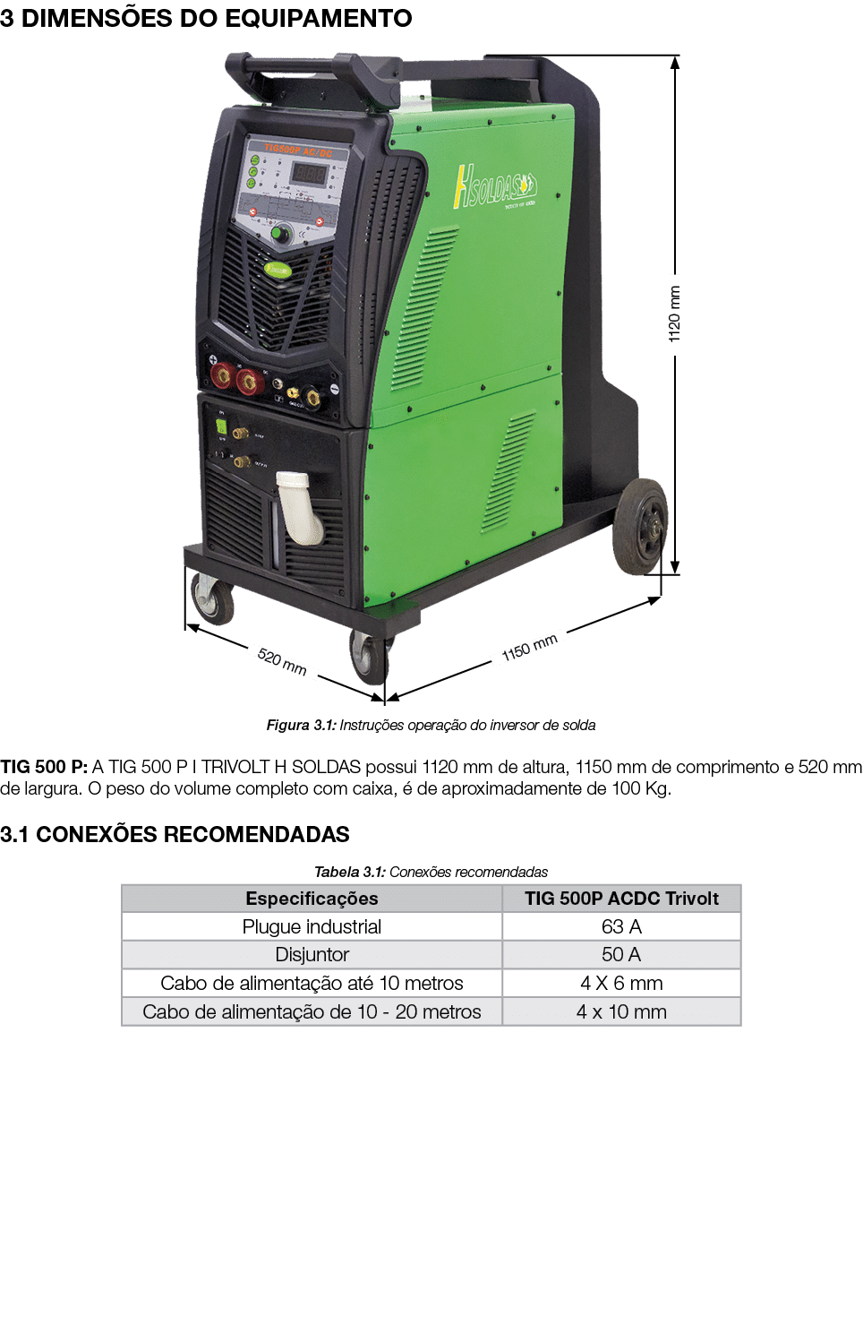 3 DIMENS ES DO EQUIPAMENTO ￼ Figura 3.1: Instru es opera  o do inversor de solda TIG 500 P: A TIG 500 P I TRIVOLT H ...