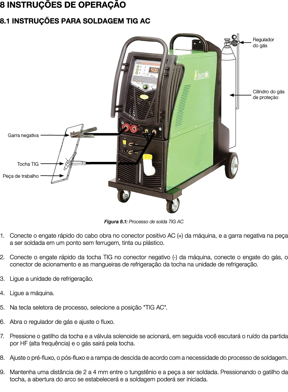 8 INSTRU ES DE OPERA  O 8.1 INSTRU  ES PARA SOLDAGEM TIG AC ￼ Figura 8.1: Processo de solda TIG AC 1. Conecte o enga...