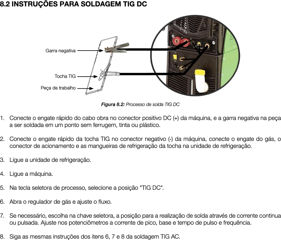 8.2 INSTRU ES PARA SOLDAGEM TIG DC ￼ Figura 8.2: Processo de solda TIG DC 1. Conecte o engate r pido do cabo obra no...