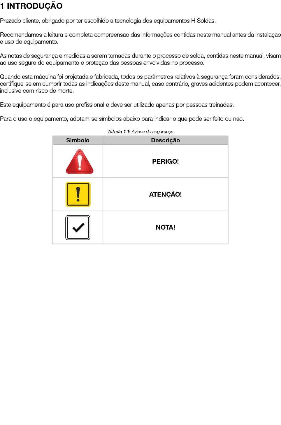 1 INTRODUÇÃO Prezado cliente, obrigado por ter escolhido a tecnologia dos equipamentos H Soldas  Recomendamos a leitu   