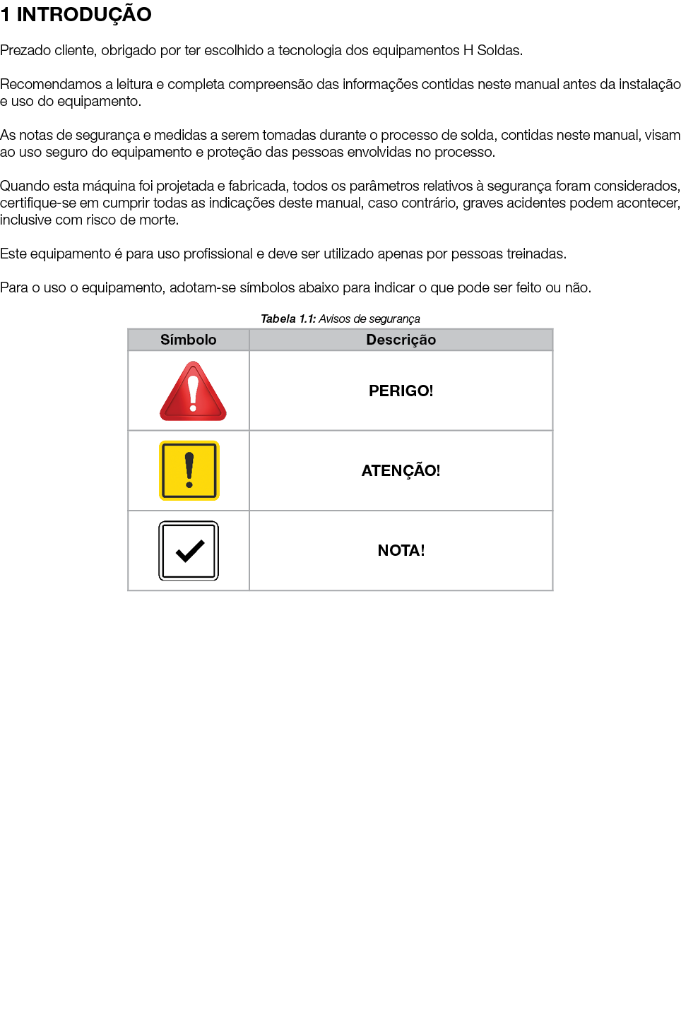 1 INTRODUÇÃO Prezado cliente, obrigado por ter escolhido a tecnologia dos equipamentos H Soldas  Recomendamos a leitu   