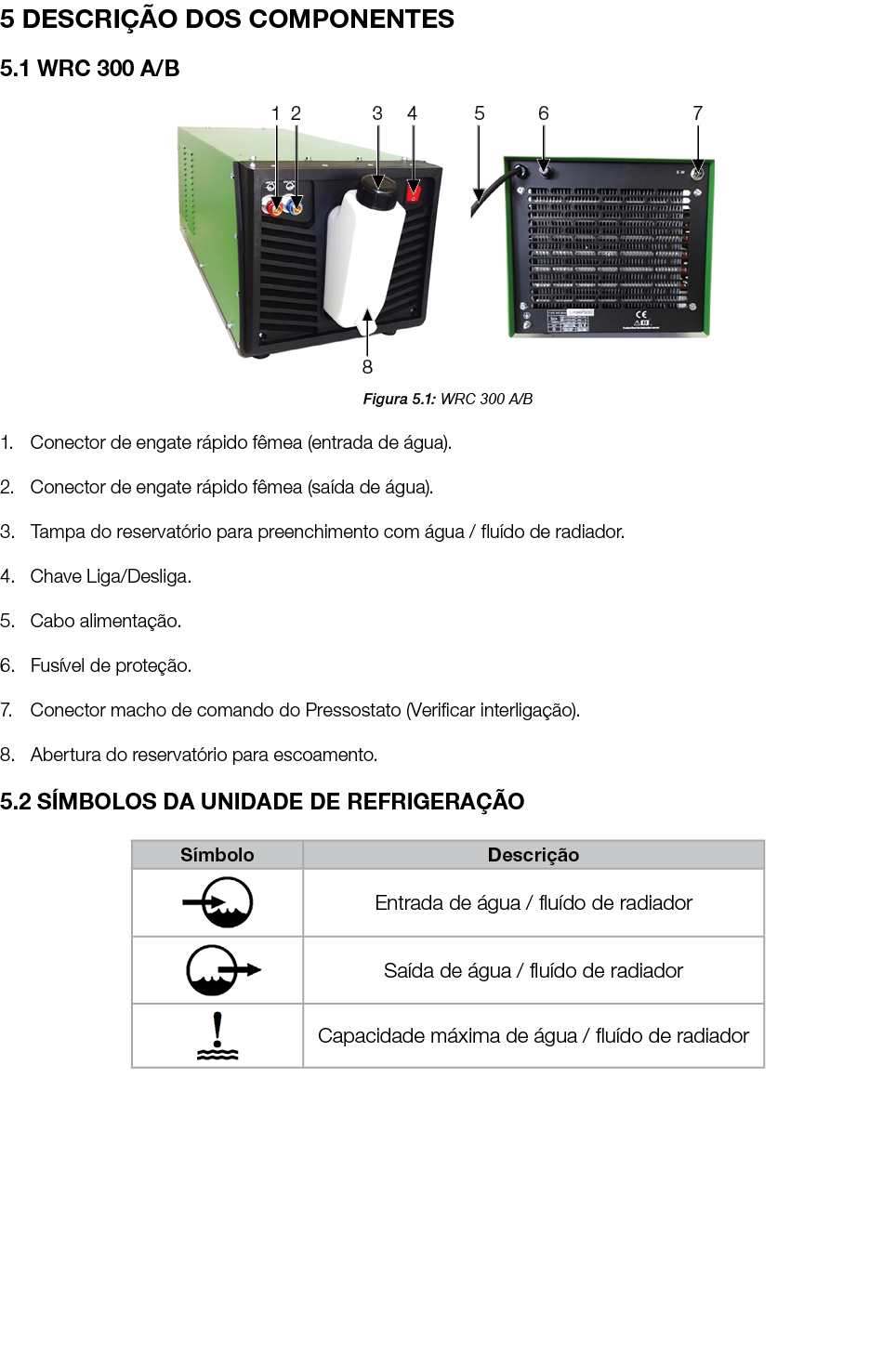 5 DESCRIÇÃO DOS COMPONENTES 5 1 WRC 300 A B  Figura 5 1: WRC 300 A B 1  Conector de engate rápido fêmea (entrada de á   